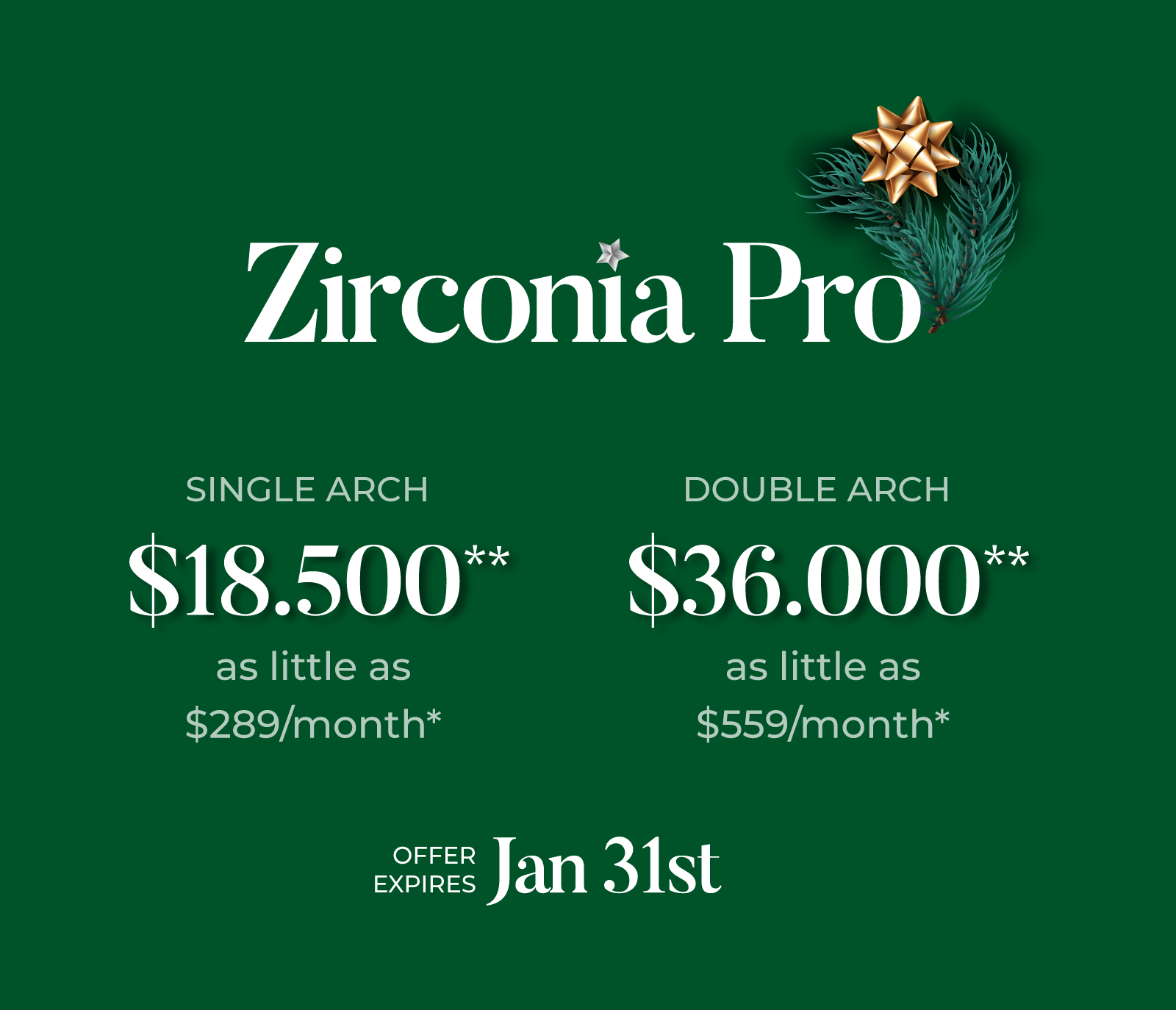 1 Week Zirconia $18,500 Single Arch & $36,000 Upper and Lower Arches